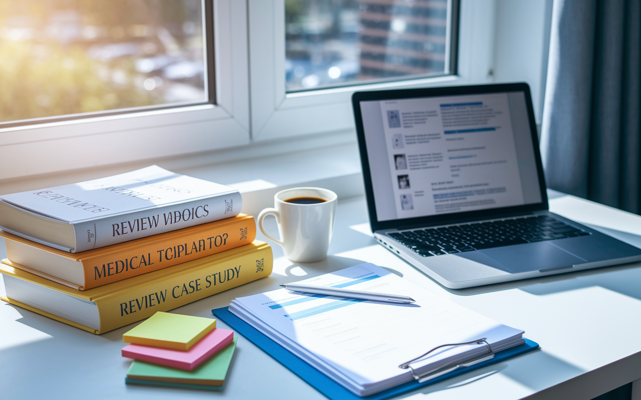 An array of study materials laid out atop a desk: review books on medical topics, colorful sticky notes, a laptop displaying a medical case study, and a cup of coffee. The lighting is bright and airy, suggesting a productive study space. A large window behind shows a sunny day outside, indicating hopefulness and motivation of a medical student preparing for an important test.