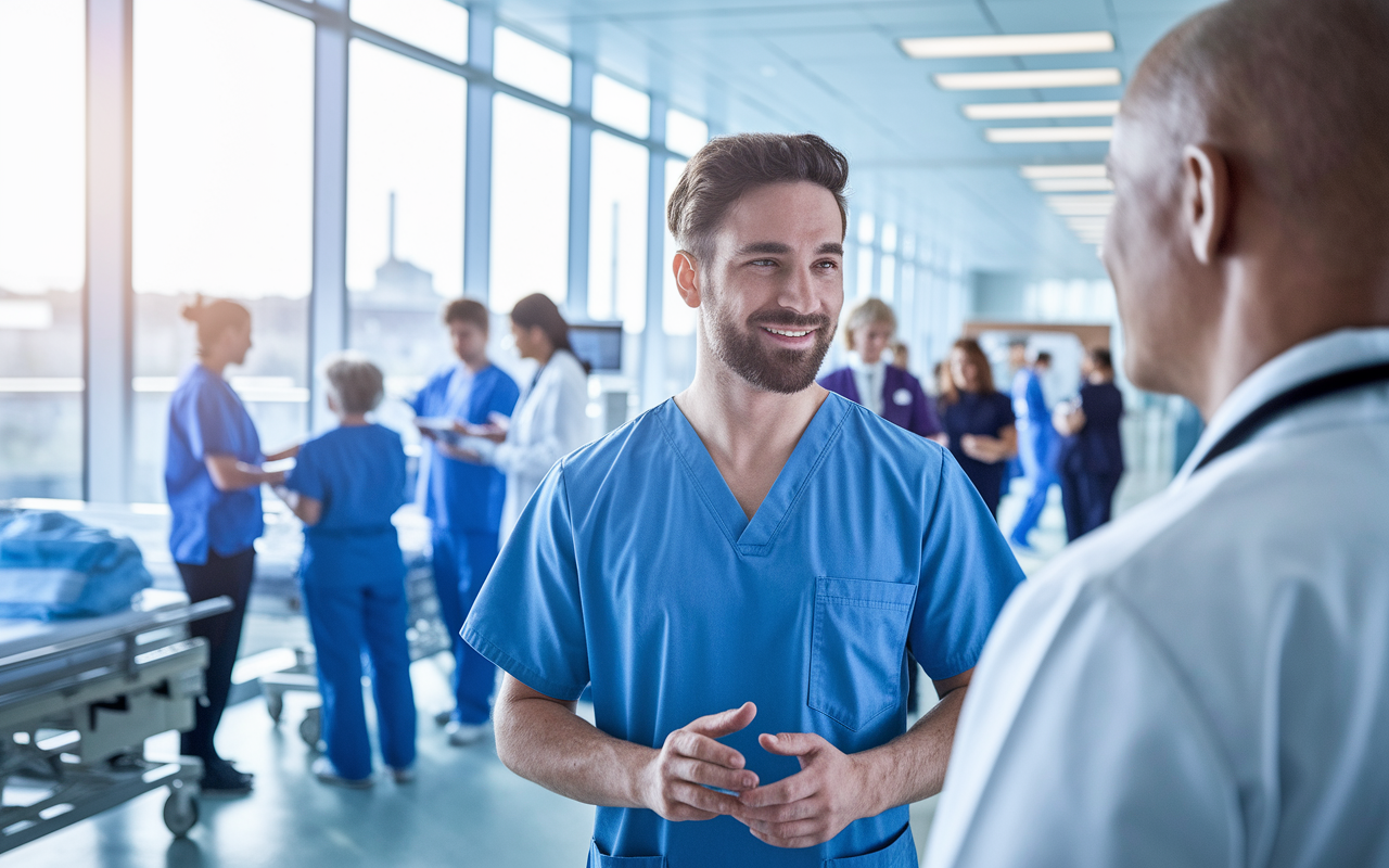 A medical student in scrubs, engaged in discussion with a physician in a clinical setting. The background shows a busy hospital ward with patients and healthcare professionals interacting. Bright, natural light streams in through large windows, creating an atmosphere of teamwork and learning. Emphasizing hands-on learning and the importance of clinical experience.