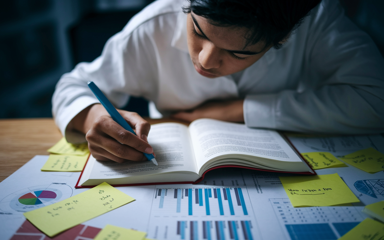 A student intensely studying from a high-yield review book, highlighted notes and flashcards scattered around. The student is seated at a desk with focus and determination, surrounded by high-yield charts and diagrams. The ambiance is studious, with a dim overhead light creating an intense focus on the materials, reflecting the crucial nature of targeted preparation.