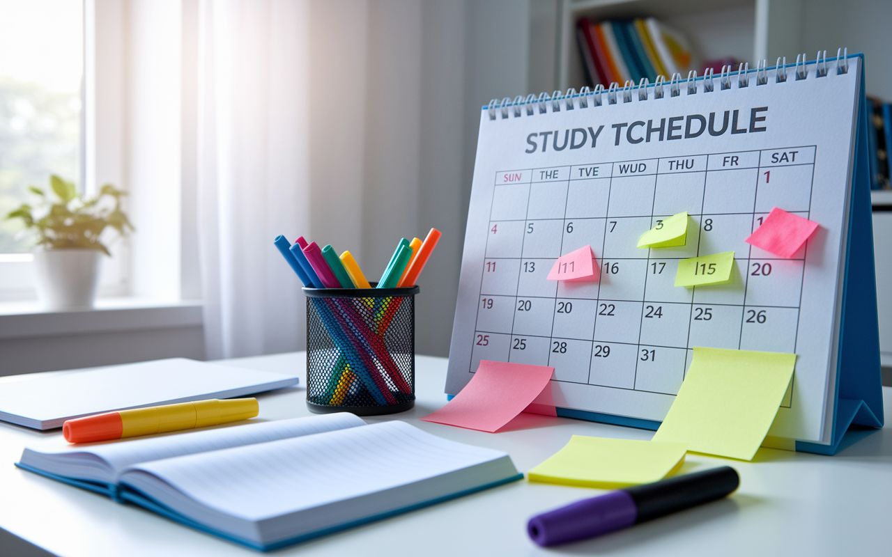 A neatly organized desk with a large calendar and study schedule prominently displayed, detailing study topics and timelines. Colorful markers and sticky notes add vibrancy to the scene, signifying a structured and focused approach to exam preparation. Bright, natural light illuminates the desk, enhancing the theme of organization and determination.