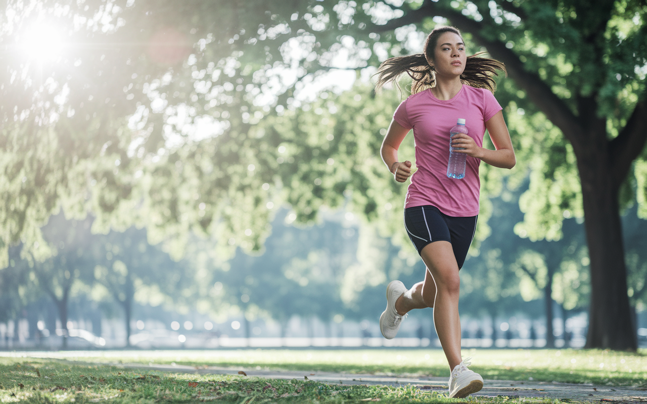 A student engaging in a healthy routine, jogging in a park with a scenic backdrop of trees and sunlight filtering through leaves. The student appears invigorated and focused, holding a water bottle, representing the importance of physical health and well-being in preparing for exams. Bright sunlight accentuates the atmosphere of vitality and health.