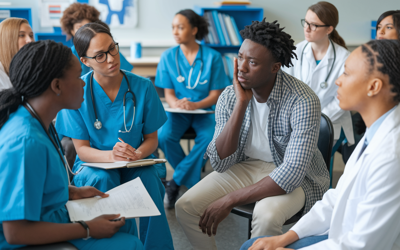 A group of diverse medical students engaged in a role-playing session to practice patient encounters. One student, dressed in scrubs, plays the role of a doctor, while another, portraying a patient, is sitting on a chair, appearing anxious. The atmosphere is casual yet professional, with students reflecting focus and collaboration in a classroom setting, complete with charts and medical books around.