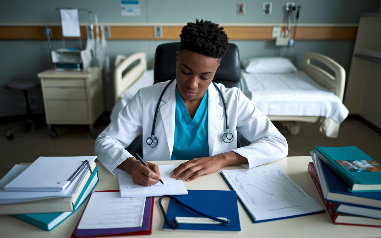 A medical student in a quiet hospital room, sitting at a desk surrounded by medical texts and notes, quickly writing a post-encounter clinical note on a notepad. The student appears focused and determined, with a clinical skills checklist beside them. The room is well-lit, and the atmosphere conveys a sense of urgency and professionalism as the student works diligently.