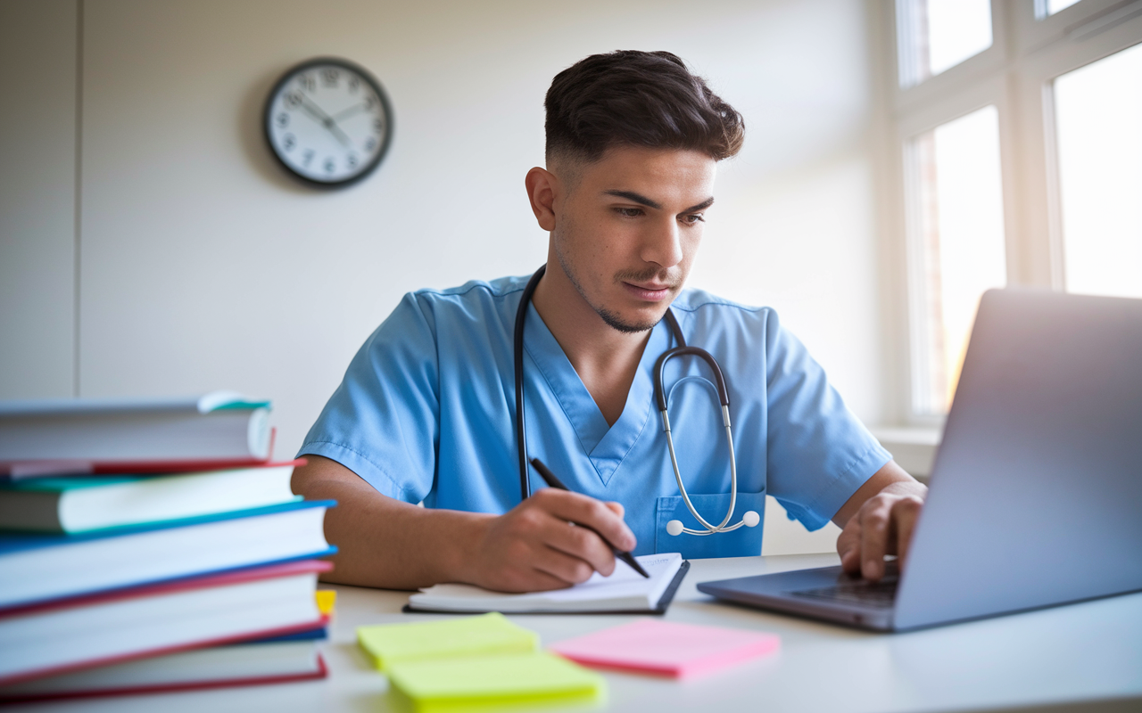 A young Hispanic male medical student in a bright study room, intently taking a practice exam on his laptop. The desk is cluttered with medical textbooks and colorful sticky notes. A wall clock shows mid-afternoon, with natural light illuminating the space. The expression on his face is one of concentration and determination, embodying the essence of exam preparation.