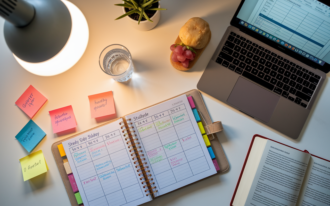 An overhead view of a neatly organized study desk with a planner opened displaying a detailed study schedule for the USMLE Step 2 CK exam. Color-coded sticky notes mark different study topics, with a laptop showing UWorld questions and an open medical textbook. A glass of water and a healthy snack are in the scene, promoting a balanced study environment under warm lamp light.