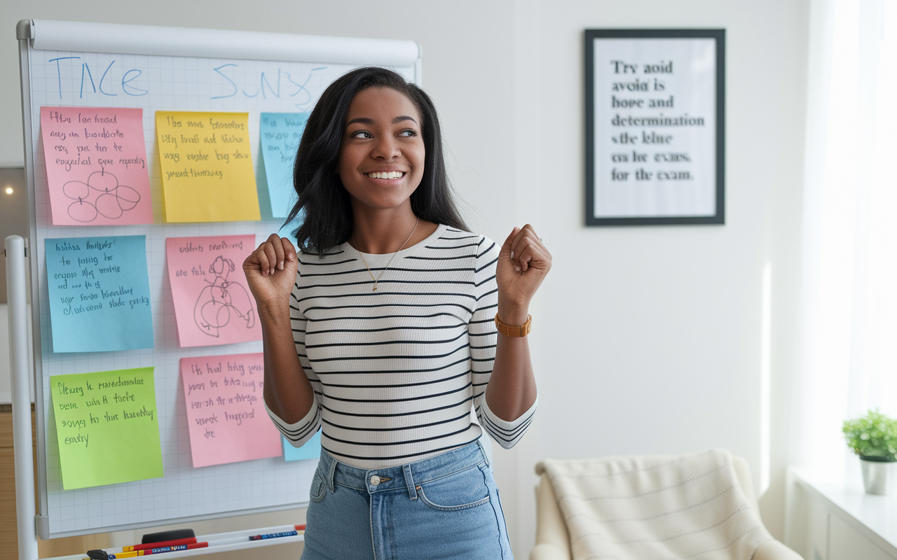 A motivated medical student, an African American young woman, standing in front of a large whiteboard filled with colorful study notes and diagrams related to medical concepts. She appears confident and energetic, dressed in casual clothes, with a motivational quote framed in the background. The room is bright and inviting, filled with natural light, symbolizing hope and determination as she prepares for the exam.