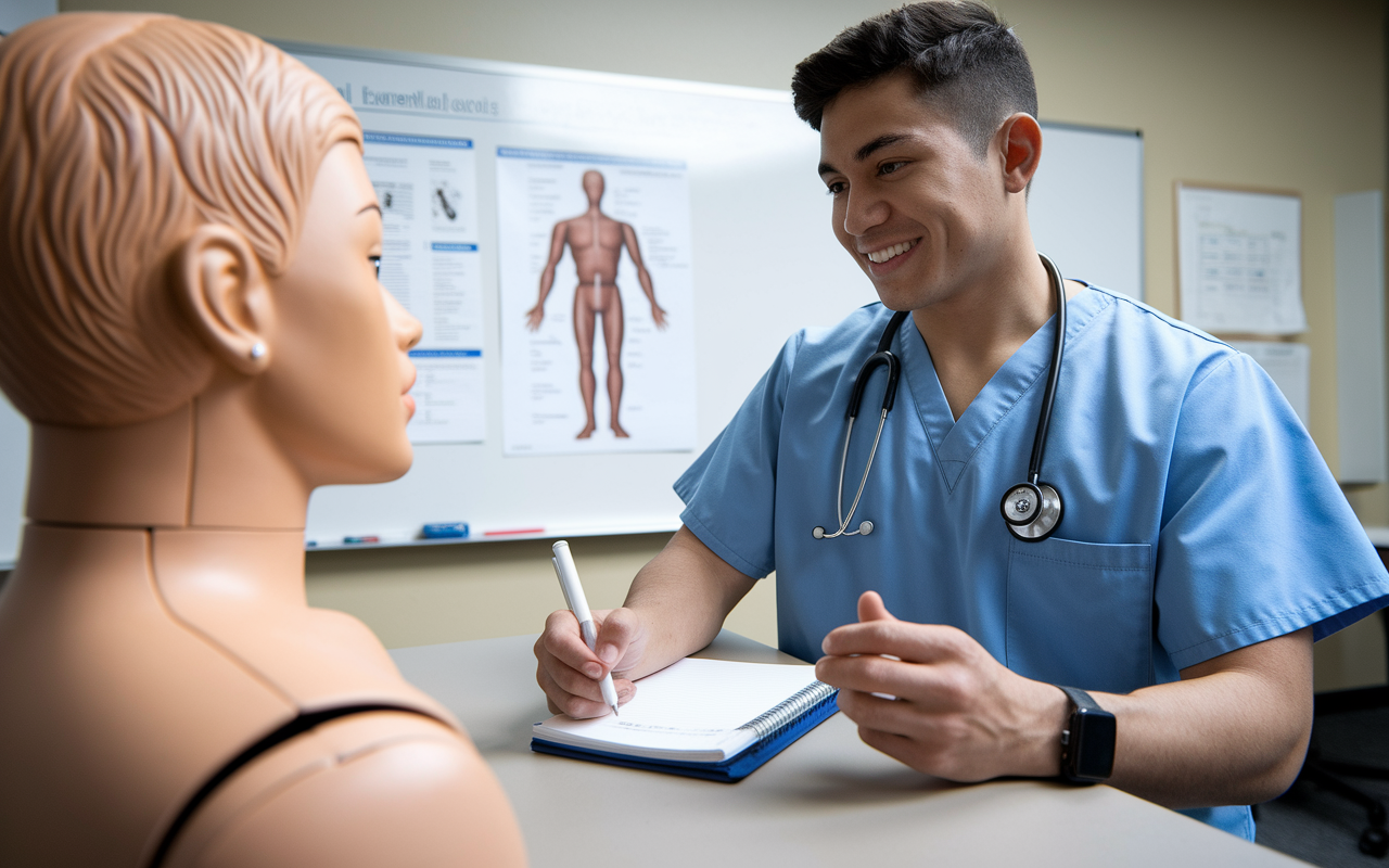 A dynamic scene showing a medical student simulating a patient interaction with a lifelike medical mannequin in a clinical skills lab. The student, a Hispanic male in scrubs, is enthusiastically taking notes while practicing vital examination techniques. A whiteboard with differential diagnosis charts and clinical guidelines is visible in the background, emphasizing the practical learning environment. Soft, focused lighting highlights the activity and enhances the realism of the scene.