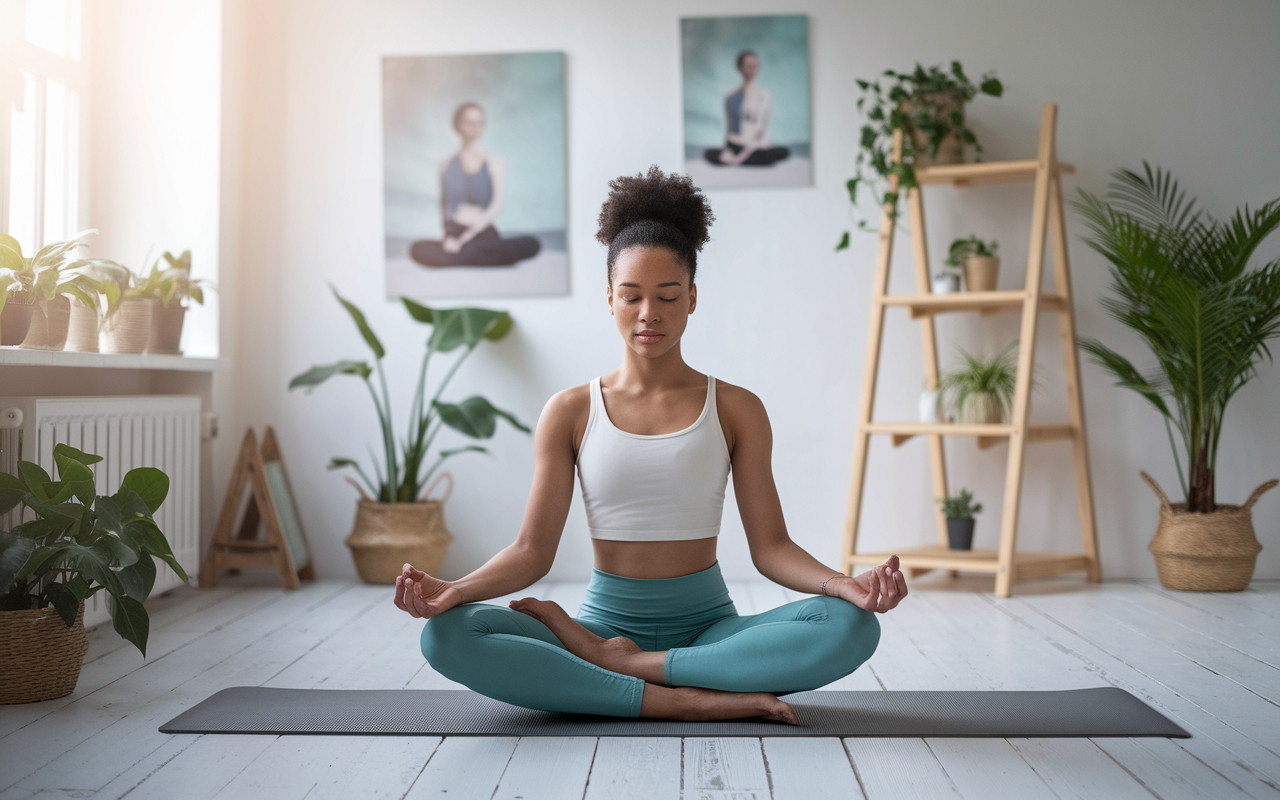 A serene setting of a small indoor yoga space, where a young Black female is practicing yoga in a calming, meditative posture within a studio filled with soft natural light. The room is adorned with plants and calming artwork, enveloping the practice in tranquility, highlighting the importance of wellness during the stressful preparation for exams.