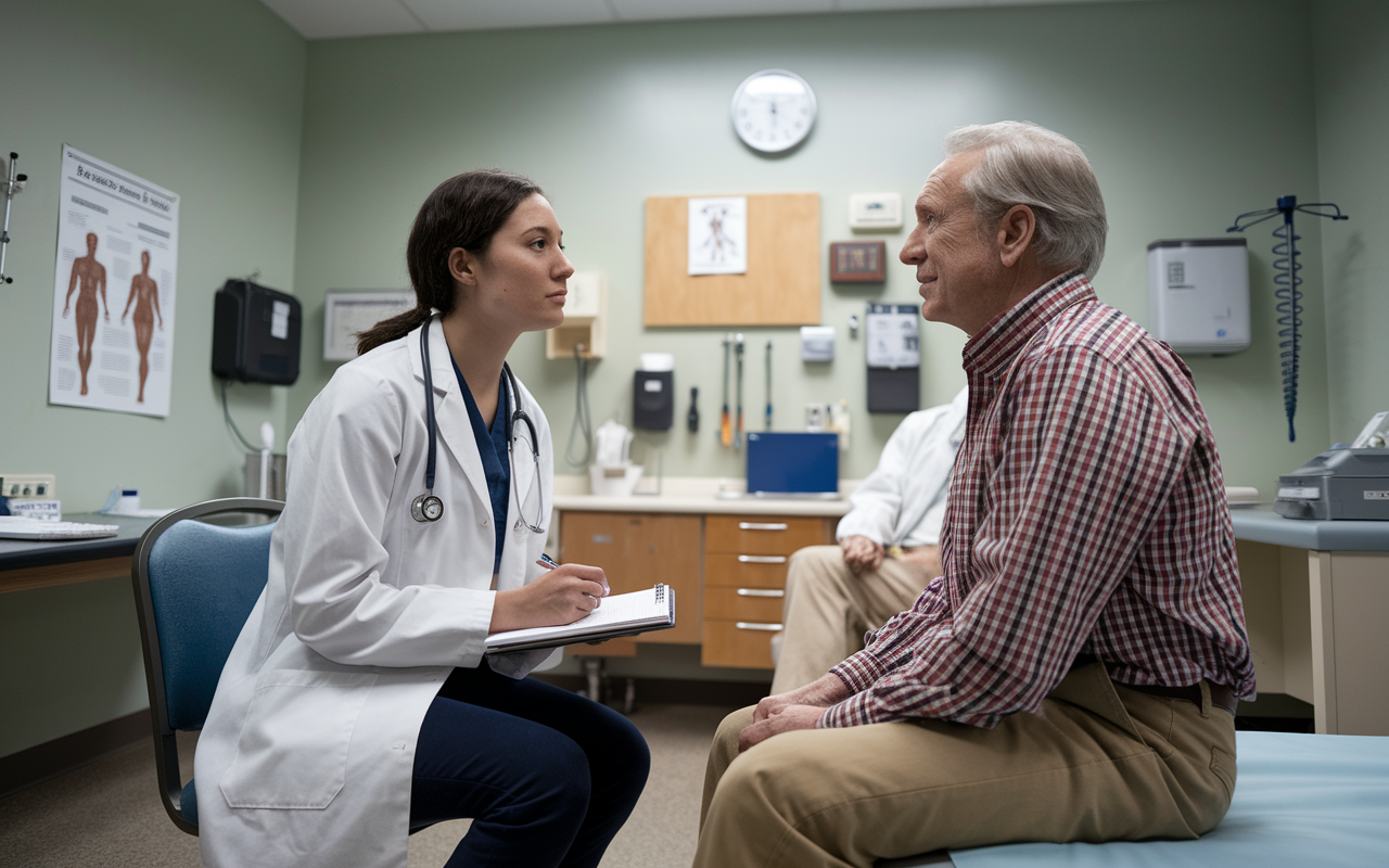 A medical student practicing history-taking with a standardized patient in a realistic exam setting. The student, dressed in professional attire, is sitting across from a middle-aged patient who is acting out a scenario. The room is well-lit, with medical posters on the walls and diagnostic tools spread out on a nearby table. A clock on the wall indicates the limited time for the encounter, showcasing a focused yet supportive atmosphere. The student displays attentive body language, with a notepad and pen at hand to jot down important information.