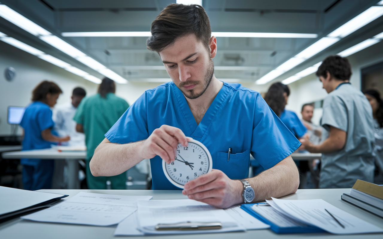 A focused medical student in a scrubs outfit completing a mock clinical exam, glancing at a timer on the wall, with papers and medical notes scattered around. The atmosphere is tense yet energetic, highlighting the importance of time management in patient encounters. In the background, other students can be seen practicing their assessments, reinforcing a collaborative and competitive environment. Bright fluorescent lights accent the busy scene.