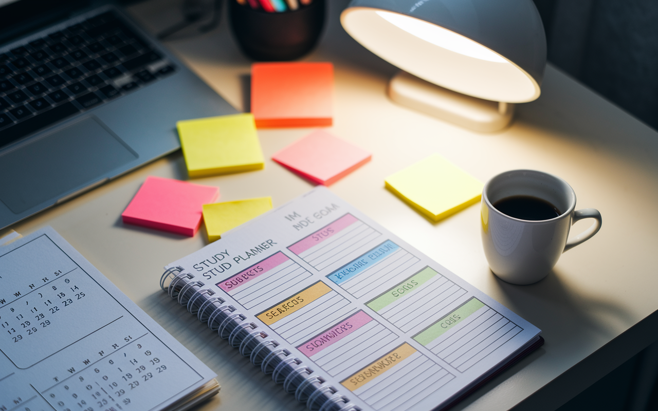 A neatly organized study planner on a desk, with highlighted sections for subjects and goals, alongside a calendar showing days leading up to the exam. Various colorful sticky notes are scattered, indicating important reminders. A cup of coffee sits to the side, creating a cozy study atmosphere, complemented by a soft, focused light from a nearby lamp. The focus on the planner symbolizes preparation and dedication.