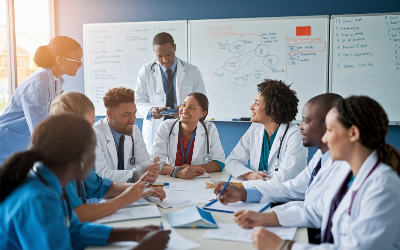 A diverse group of medical students gathered around a table in a study room, passionately discussing clinical cases and reviewing practice questions. Whiteboards covered in diagrams and notes reflect their collaborative spirit. The atmosphere is vibrant with enthusiasm and team spirit, soft light filtering through large windows adding warmth to their focused discussion.