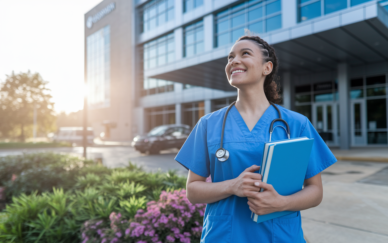 A determined medical student standing confidently outside a hospital, wearing scrubs and holding textbooks, looking upward with a smile as the sun rises in the background, symbolizing hope and ambition. The foreground has lush greenery and flowers, representing growth and perseverance throughout the preparation journey.