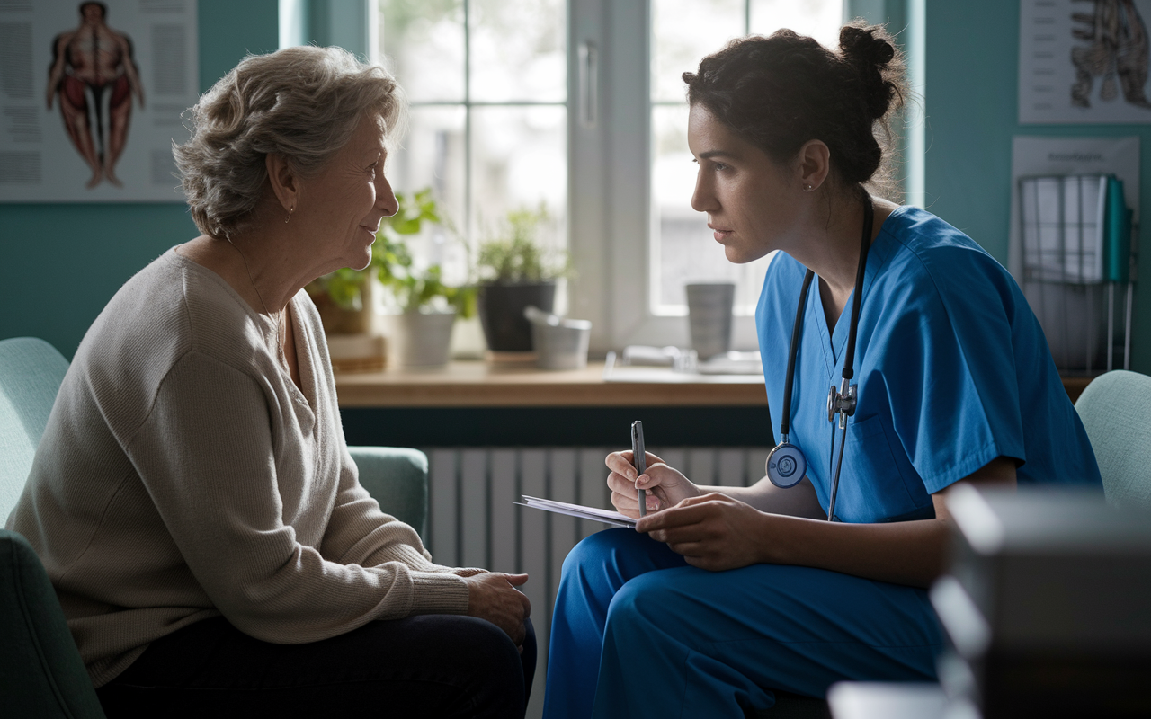 A tense moment in a clinical setting where a medical student is engaging in a compassionate conversation with a middle-aged woman. The student, in scrubs, is taking notes while maintaining eye contact, showcasing active listening. The scene is cozy, with soft, natural lighting filtering through the window, highlighting a sense of understanding and professionalism. Medical charts and equipment are visible, creating an immersive healthcare environment.