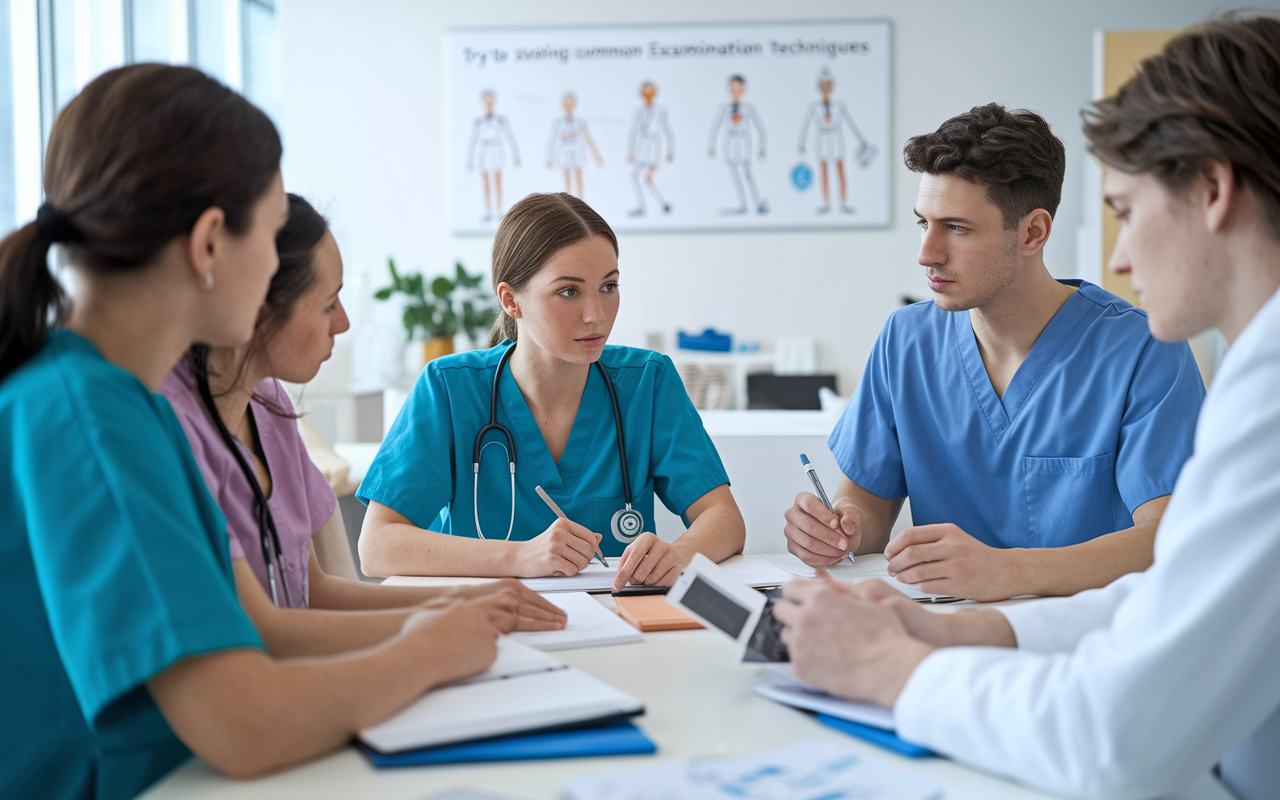 A dynamic study group scene in a bright, modern study space where medical students are role-playing as doctors and patients. The focus is on a young woman portraying a patient expressing symptoms while a male student in scrubs listens intently, taking notes. They are surrounded by medical textbooks and study materials, with a whiteboard in the background illustrating common examination techniques. The atmosphere is collaborative and engaging.