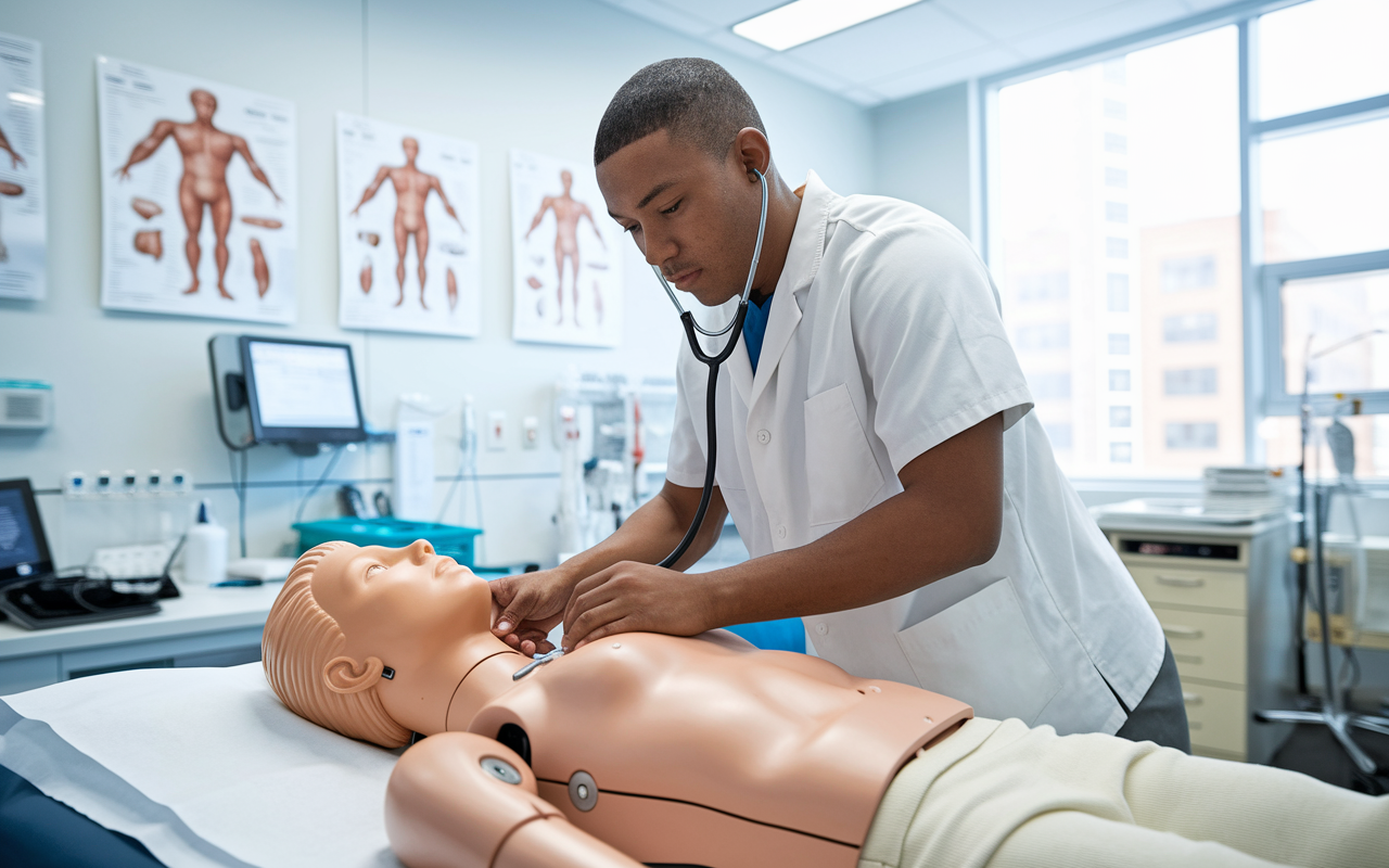 A focused medical student in a clinical skills lab, practicing cardiopulmonary examination on a simulation mannequin. The room is bright and well-organized, filled with medical instruments and anatomical charts. The student is intently listening through a stethoscope, capturing the essence of meticulous practice and skill development. This scene embodies dedication and the pursuit of clinical excellence.