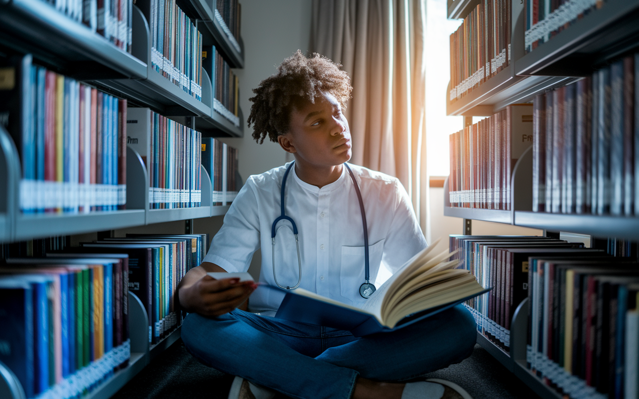 A thoughtful young medical student sitting in a quiet corner of a library, surrounded by open textbooks and notes, contemplating strategies gathered from peers. A serene, focused expression on their face, with the sunlight streaming through a nearby window creating a warm glow. The surrounding shelves are filled with medical literature, highlighting the importance of learning from past experiences.