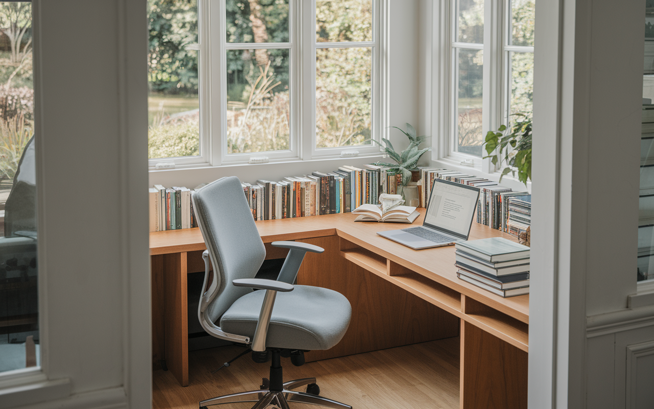 An inner view of a tranquil home study corner bathed in soft natural light. Featuring an ergonomic chair, a spacious wooden desk filled with neatly stacked books, a modern laptop displaying a study resource, and a window overlooking a serene garden. The overall vibe is peaceful, focused, and inviting, perfect for extended study sessions.