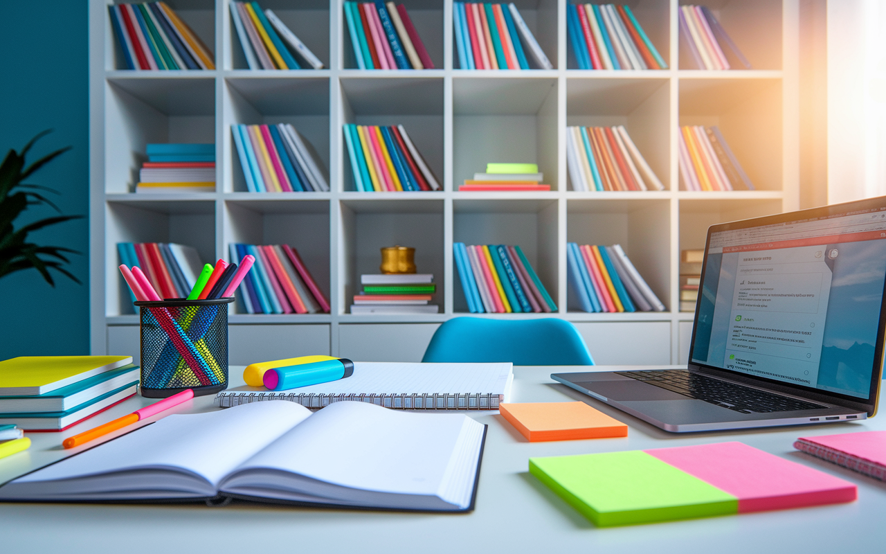 A bright and organized study desk filled with various study supplies like highlighters, notebooks, and sticky notes. A neatly arranged bookshelf filled with textbooks, reference materials, and a laptop open to a digital study app. The lighting is warm and motivating, creating an energetic study atmosphere.