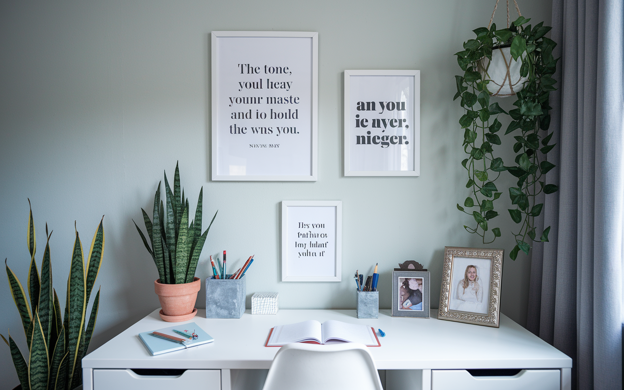 A personalized study corner featuring motivational quotes framed on the wall, lush potted plants enhancing the ambiance, and a cozy aesthetic. The desk is adorned with a few personal items such as a photo frame and stationery, creating an inviting and inspiring atmosphere for studying.