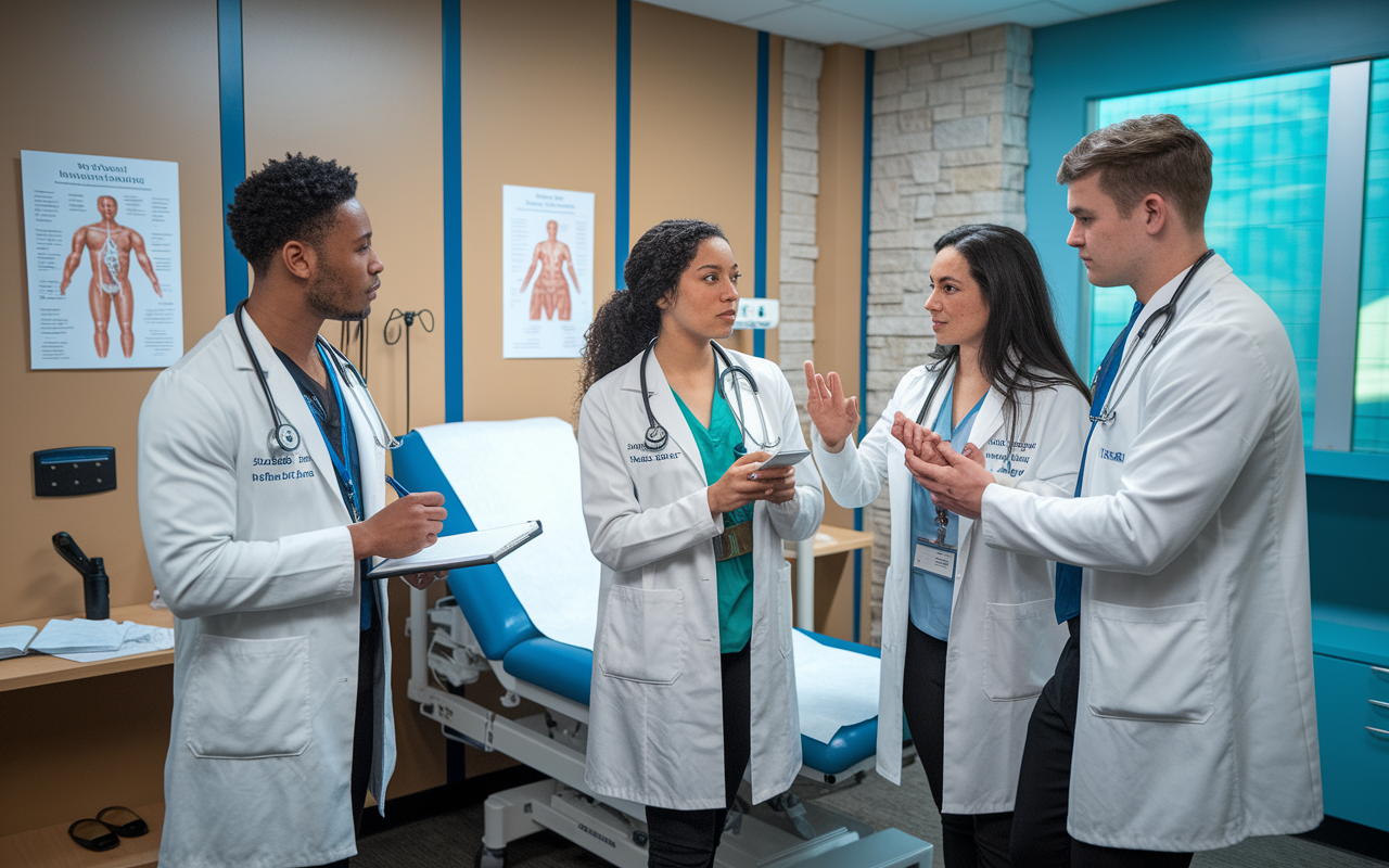 A diverse group of three medical students in a mock clinical setting, practicing patient interaction skills. The setting involves a mock examination room with a medical examination bed, charts on the walls, and a training mannequin. One student, a Black male, is taking notes, while others, a Hispanic female and a Caucasian male, are engaged in role-play, discussing symptoms and conducting a physical exam with an emphasis on communication. The atmosphere is supportive and focused, with bright lighting emphasizing engagement in their practice.