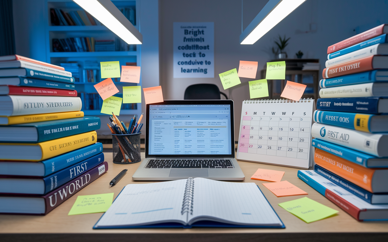 An organized study space showcasing a variety of study resources for USMLE Step 2 CK preparation. The scene includes a desk filled with textbooks, including UWorld and First Aid, alongside a laptop displaying an online study platform. A calendar with study schedules and sticky notes filled with reminders are visible. The atmosphere is energetic yet calm, indicating an environment conducive to learning. Bright overhead lights illuminate the space, with a motivational poster on the wall reinforcing focus and determination.