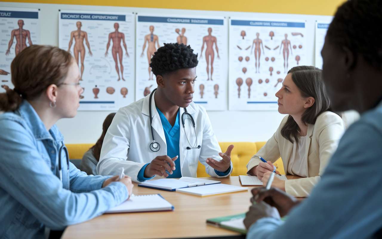 A focused medical student using the 'teach back' method in a collaborative study session with peers. The setting is a brightly lit study lounge, with a whiteboard displaying diagrams and notes about clinical scenarios. The student, animated and enthusiastic, explains a concept to two attentive classmates, who are taking notes. The environment is inviting, filled with educational posters highlighting anatomy and pathology, fostering a sense of community and active learning.