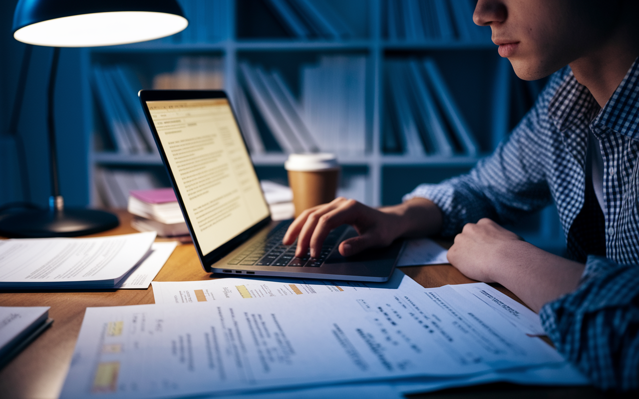 A close-up shot of a student at their desk, intensely focused on refining their personal statement on a glowing laptop screen. Papers spread around include marked drafts, notes, and a coffee mug. The late evening light from a nearby lamp creates a warm ambiance, while the student's expression shows determination and creativity as they type. The background features a bookshelf filled with medical texts, enhancing the academic setting.