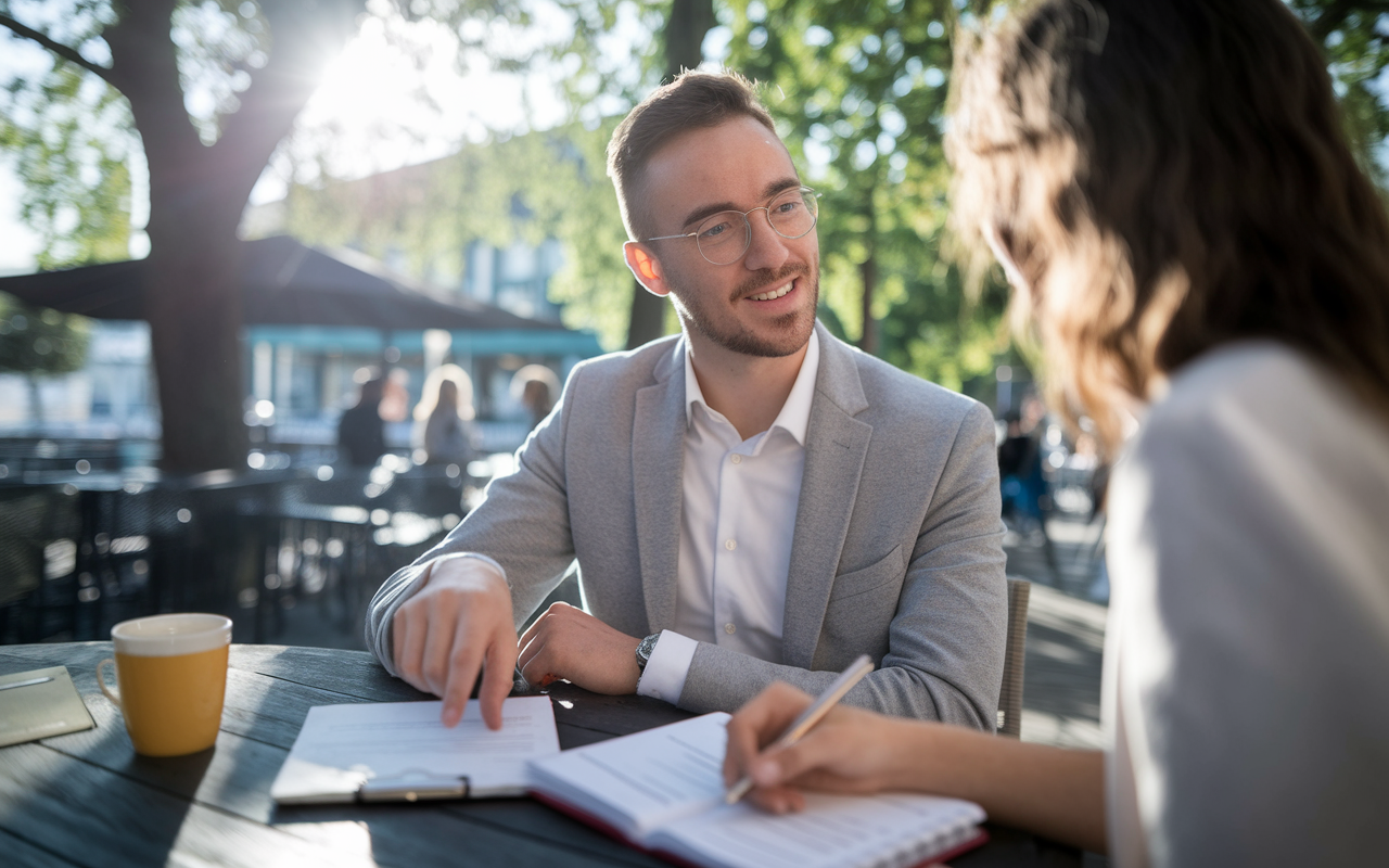 A candid outdoor scene depicting a student discussing their medical school application with a mentor in a relaxed café setting. The mentor points towards the student's application notes, offering advice, while the student listens attentively, a notebook in hand. Sunshine filters through trees, creating a vibrant atmosphere, highlighting the supportive relationship between the student and mentor.