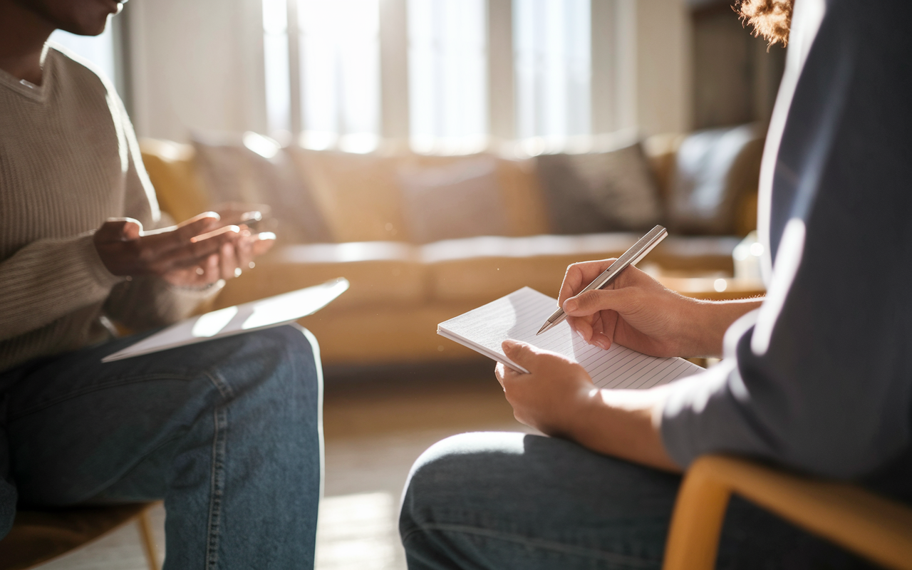 A dynamic setting of a mock interview taking place in a brightly lit living room. A student sits across from a mentor, practicing answers to potential medical school interview questions. The mentor holds a notepad, making notes, while the student displays a mix of nervousness and determination. Warm sunlight streams through a window, creating an encouraging atmosphere, emphasizing the supportive nature of their practice session.