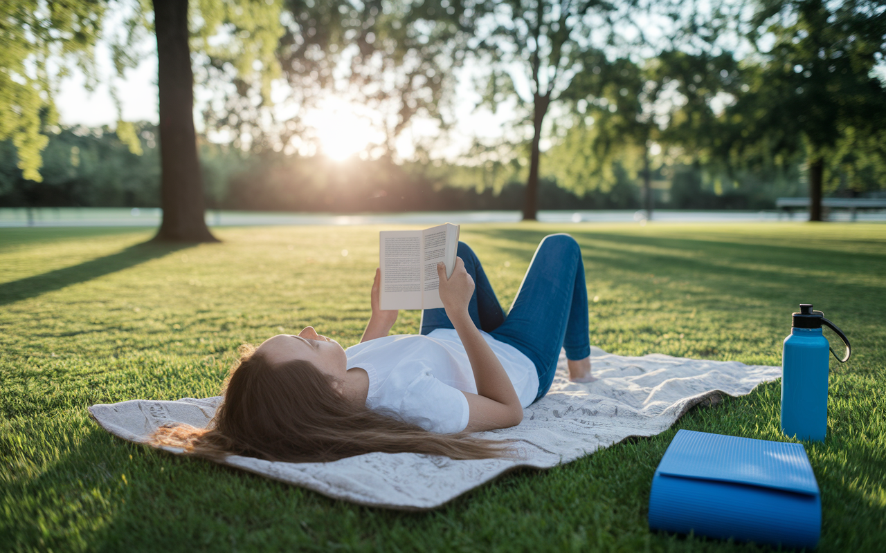 A serene scene of a student practicing self-care in a well-lit park, lying on a picnic blanket with a book in hand, surrounded by nature. The sun sets in the background, casting a golden glow, while the student appears relaxed and content, representing balance between hard work and personal well-being. Nearby, a yoga mat and water bottle suggest a focus on physical health.