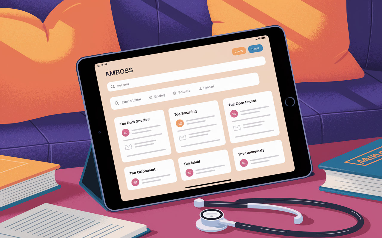 An illustration of the AMBOSS medical library interface on a tablet, showcasing an organized layout with search features and highlighted topics. The setting is cozy, with a couch and pillows in the background, indicating a comfortable study environment. Warm, diffused lighting casts soft shadows, emphasizing the user-friendly design of the platform, while medical textbooks and a stethoscope lie in the foreground, hinting at the depth of study.