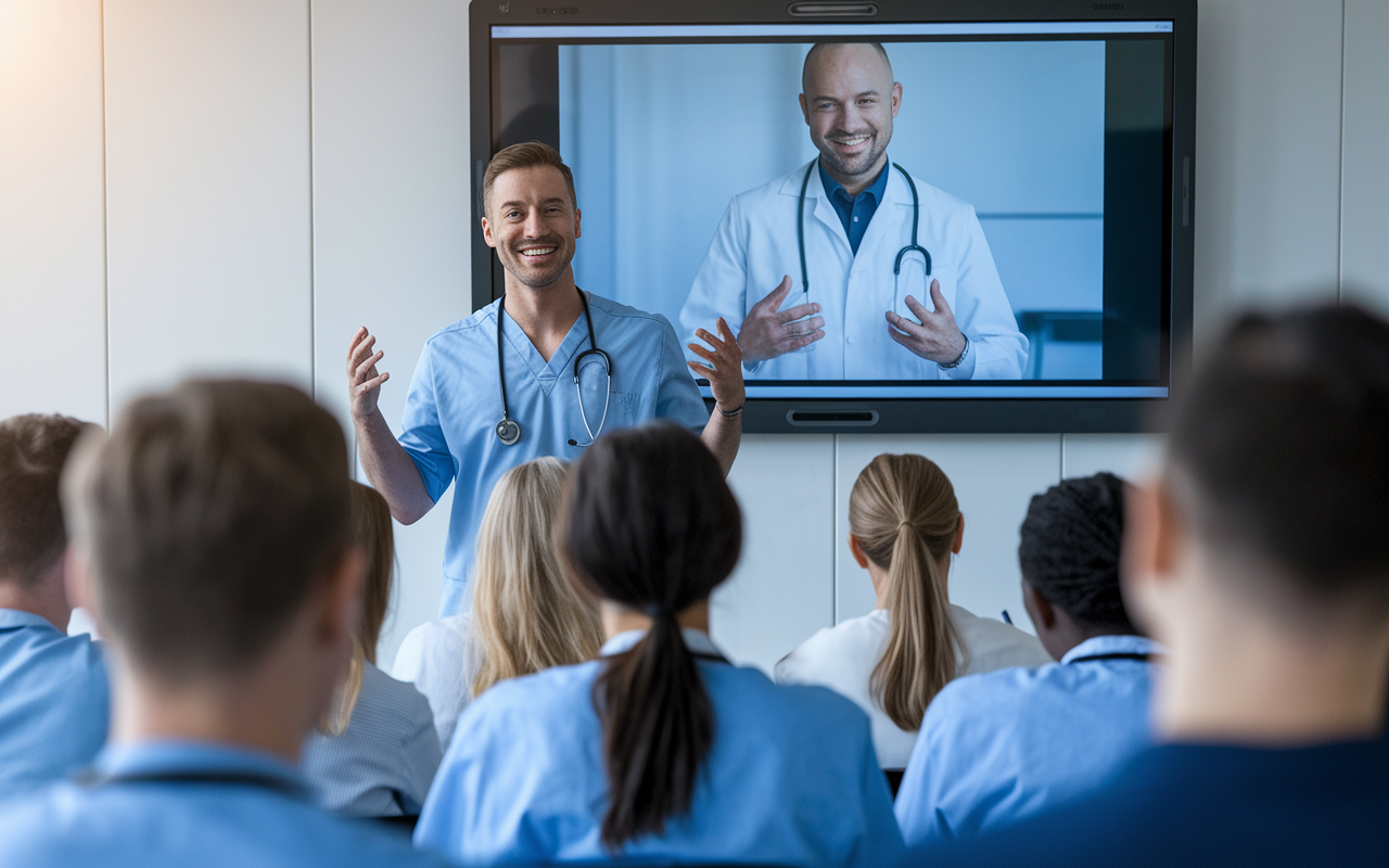 A screenshot from an Online MedEd video lecture showing an engaging presentation on clinical knowledge. The speaker, a friendly-looking instructor, gestures passionately while presenting on a large screen. The audience, a diverse group of medical students, are captivated and taking notes. Bright lighting and a modern classroom setting enhance the atmosphere of active learning.