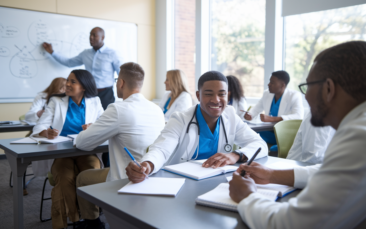 A lively classroom scene at a Kaplan Test Prep course featuring an engaging instructor drawing diagrams on a whiteboard. Medical students are seated at desks, actively discussing clinical scenarios with notebooks open. The environment is bright, with natural light pouring in through windows, creating a sense of collaboration and excitement about learning. Focus on diverse student reactions—from concentration to laughter—showcasing an engaging educational atmosphere.