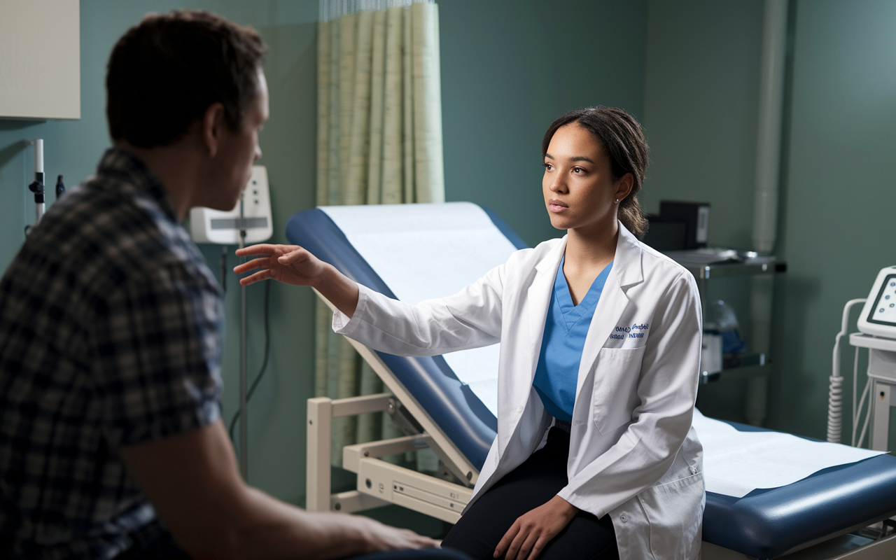 A scene depicting a medical student practicing a patient encounter with a standardized patient in a clinical setting. The student, wearing a white coat and looking attentive, is conducting a mock examination. The room is realistically designed with medical equipment and a comfortable examination couch. Soft, focused lighting enhances the seriousness of the practice while highlighting the student-patient interaction.