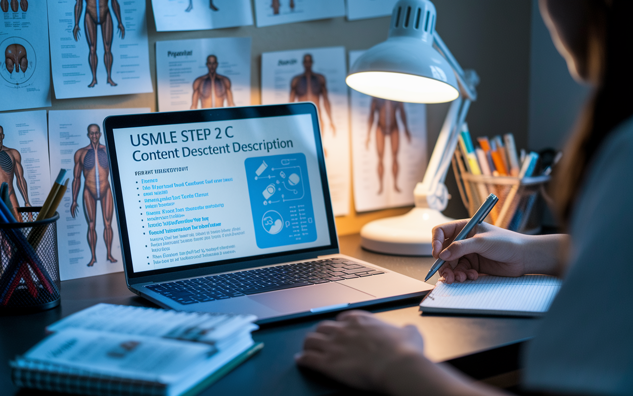 An informative workspace depicting a medical student studying the USMLE Step 2 CS content description on a laptop. The screen displays a detailed guide with diagrams and bullet points. The backdrop is filled with anatomy charts and clinical resources, emphasizing preparation. The warm glow from a desk lamp creates a cozy atmosphere as the student diligently annotates notes, indicating deep concentration.