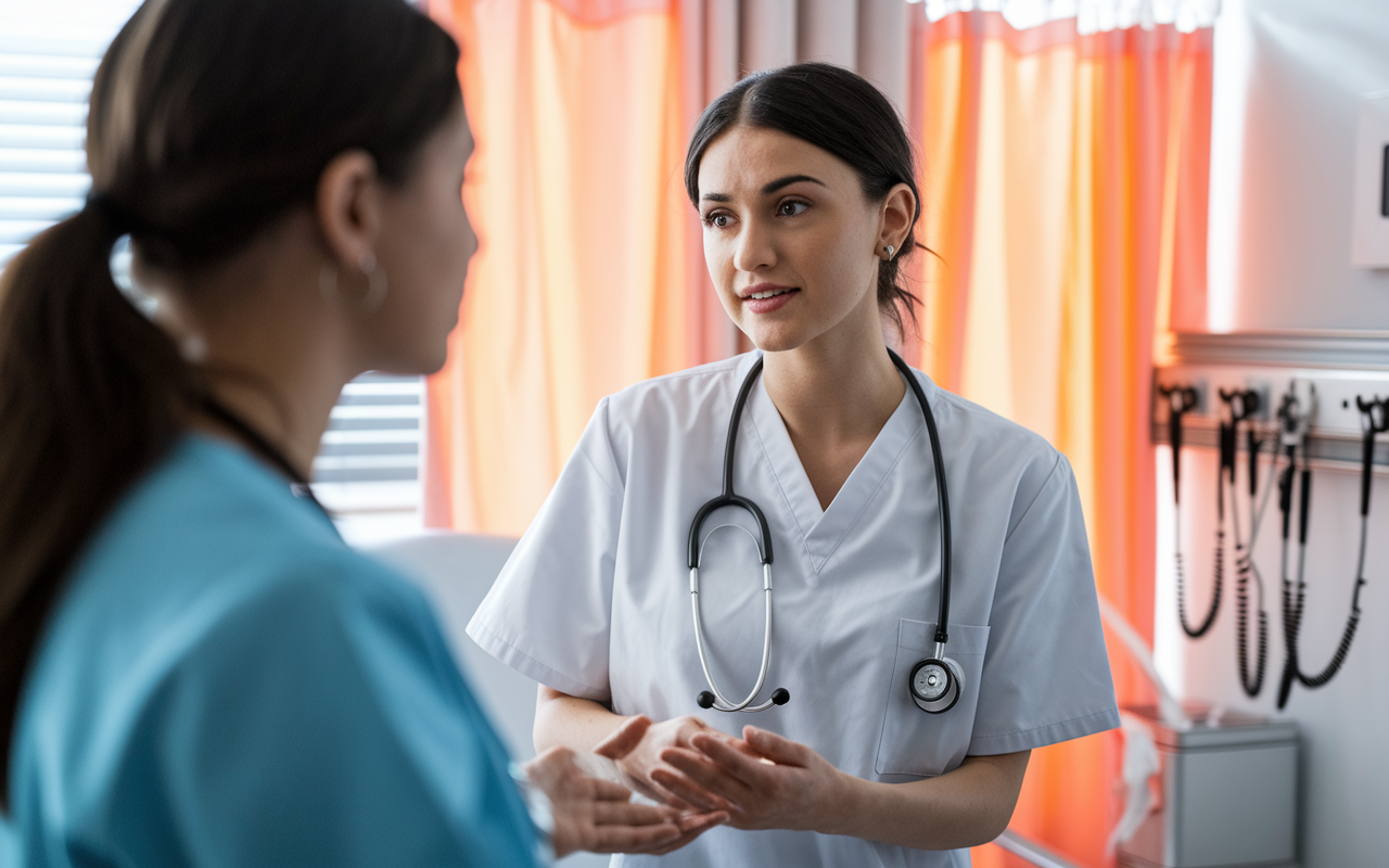 An engaging practice session with a standardized patient in a clinical room. The medical student, focused and professional, is effectively communicating while conducting a brief history intake. The room is equipped with medical instruments and patient care tools, providing a realistic environment. Soft, natural lighting filters through curtains, adding warmth to the scene as the student listens attentively to the patient.