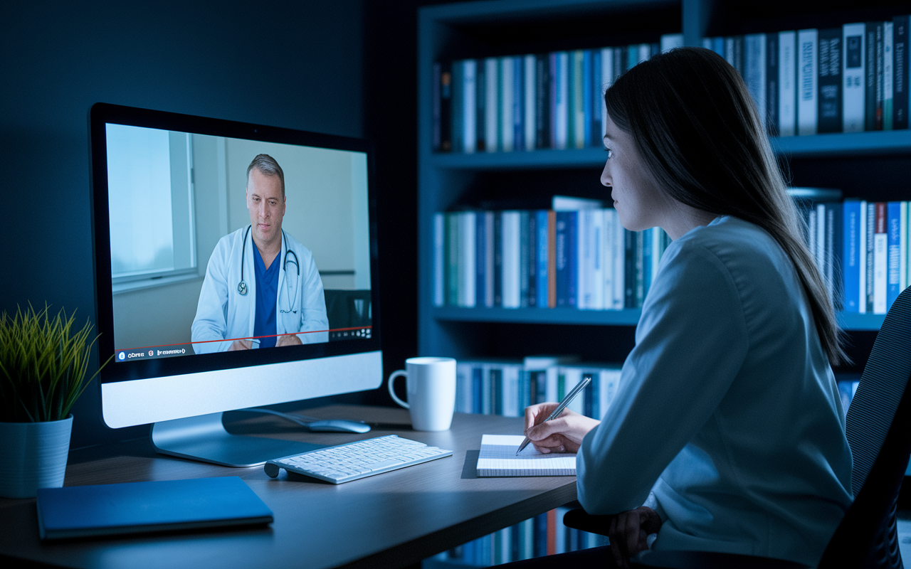 A computer screen displaying an online video tutorial on clinical examination skills, featuring a doctor demonstrating patient interaction techniques. The student, seated at an ergonomic desk, takes notes while observing closely. The dimly lit room provides a focused atmosphere with a bookshelf full of medical literature in the background, illustrating dedication to professional growth.