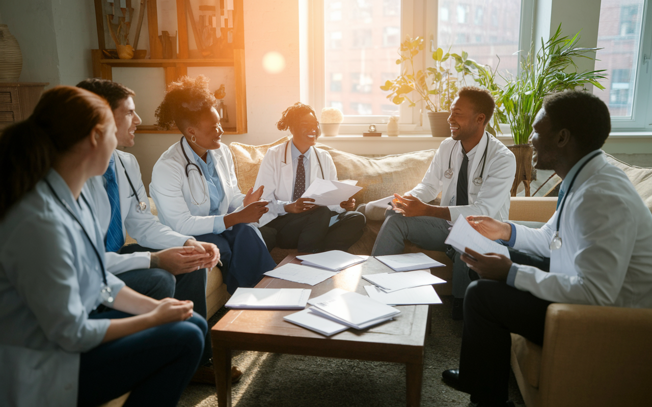 A lively peer study group session in a cozy setting, where medical students engage in discussion and practice clinical scenarios. The room is filled with laughter and active debate, with charts and papers spread across a coffee table. A warm ambiance, along with sunlight streaming through a window, captures the collaborative spirit and enthusiasm of the group as they prepare for Step 2 CS.