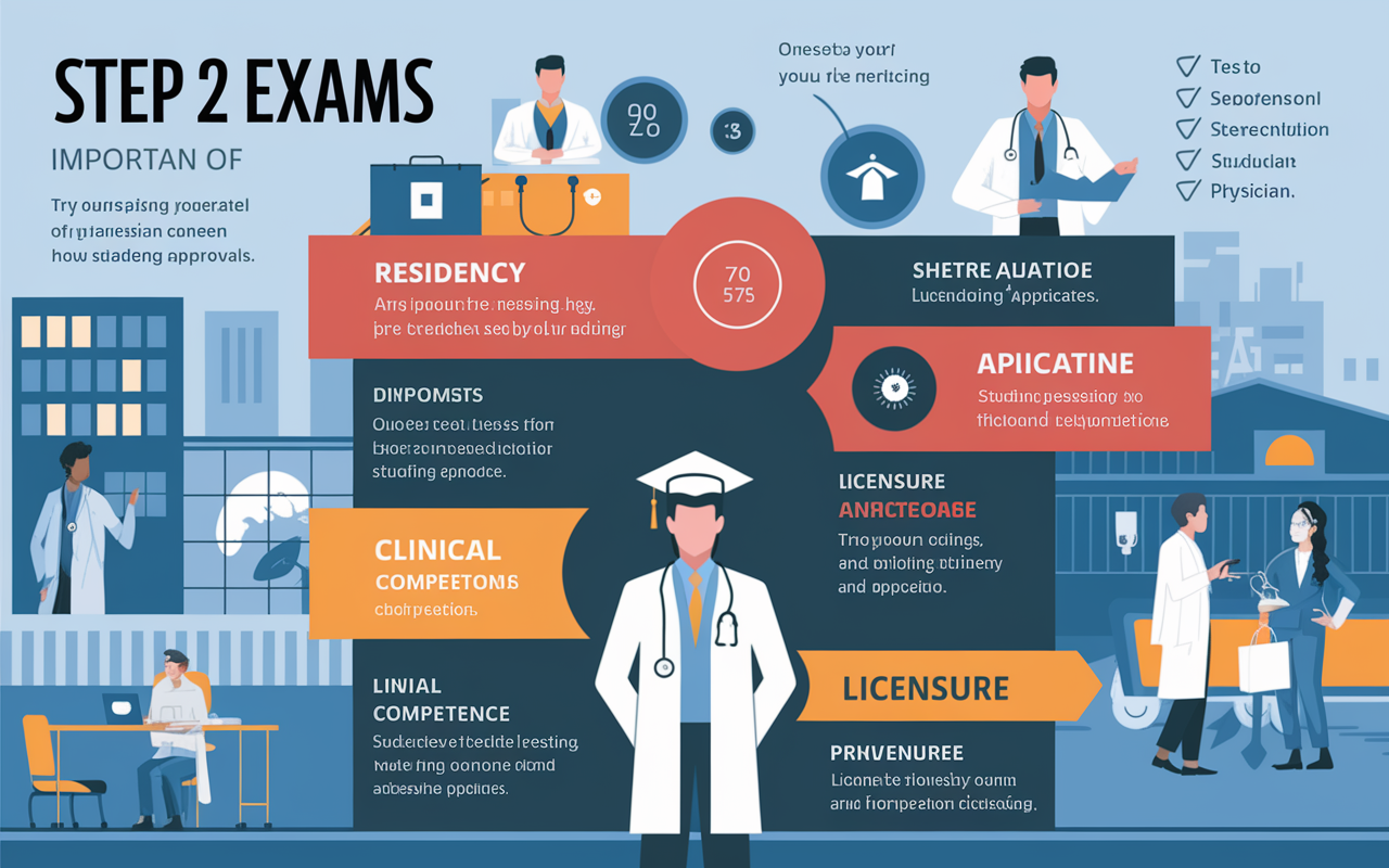 An informative infographic showcasing the importance of Step 2 exams in the medical field. The diagram includes icons representing residency applications, clinical competence, and licensure. Each section highlights key statistics and visuals, such as a medical graduate in cap and gown, a stethoscope over a diploma, and a checklist for licensing approval. The background features a bustling hospital setting, illustrating the transition from student to practicing physician.