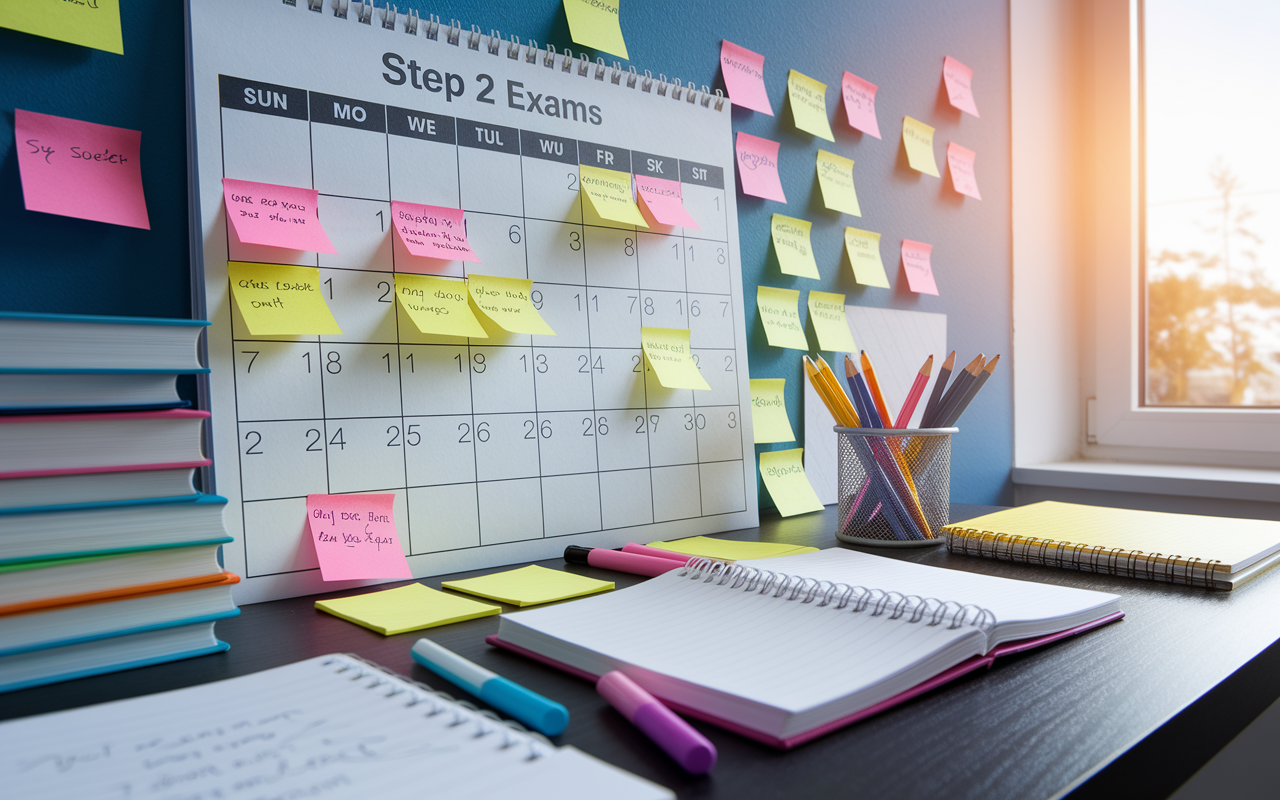 A meticulously organized study area with a large wall calendar showing a detailed study plan for Step 2 exams. Color-coded sticky notes indicate different subjects, while textbooks, highlighters, and a notepad fill the desk. An atmosphere of productivity is depicted with sunlight streaming in through a window, emphasizing a sense of purpose and determination.