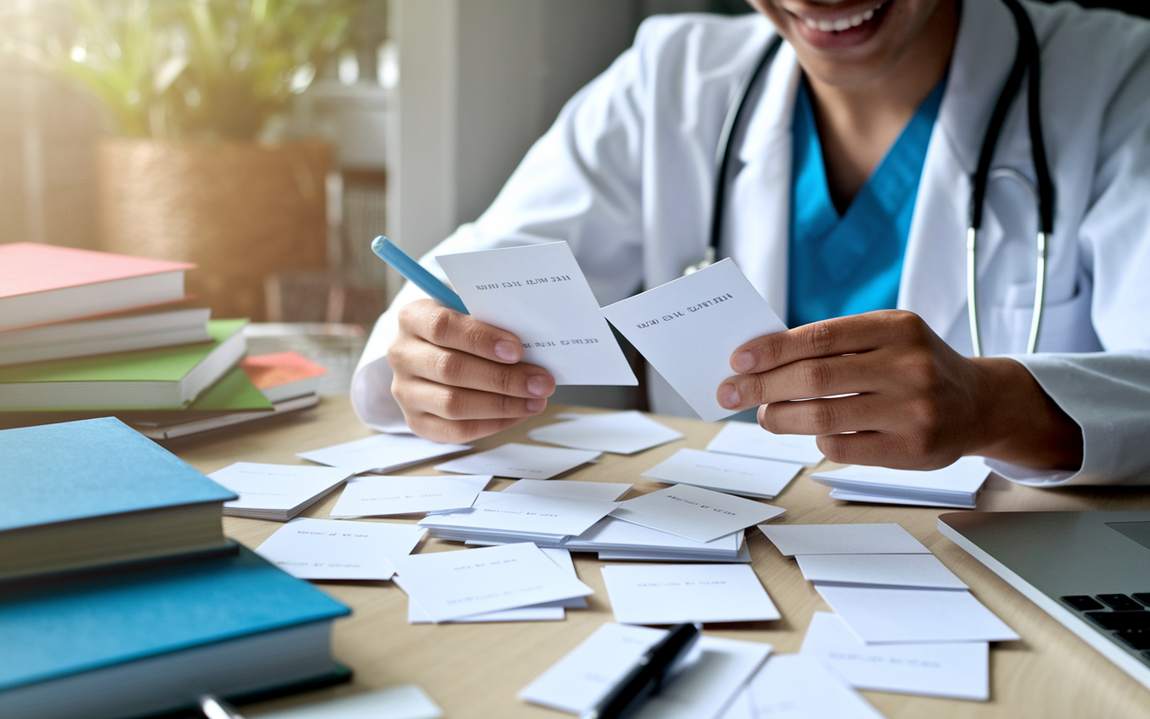 A medical student engaged in a study session with flashcards spread across a table. The student eagerly recalls answers, surrounded by books, pens, and a laptop displaying a spaced repetition software. Natural light filters in, creating an engaging atmosphere of study and positivity, as the student actively processes information.