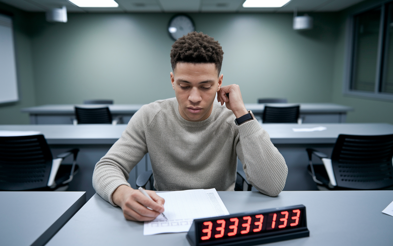 A determined student practicing for the Step 2 exam in a controlled environment. The room resembles a testing center, with a desk, a timer counting down, and a practice exam in front. The student exhibits focus and intensity, mirroring the real exam experience. Background elements like a clock and quieter surroundings enhance the realism of this exam simulation.