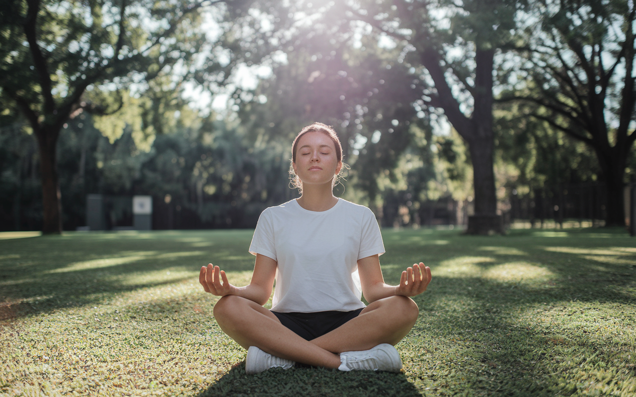 A serene scene featuring a student practicing mindfulness in a tranquil outdoor setting. The student is seated cross-legged, eyes closed, surrounded by nature, practicing breathing exercises. The sun casts warm light through the trees, creating a peaceful ambiance that promotes relaxation and mental clarity, illustrating the importance of stress management in exam prep.