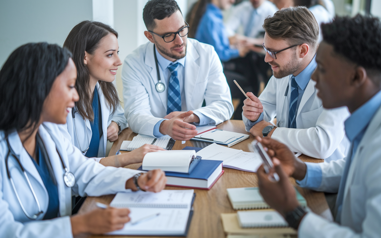 A lively study group of medical students engaged in collaborative learning. They are gathered around a table covered with notes, textbooks, and laptops, exchanging ideas and quizzing one another. The atmosphere conveys camaraderie and shared determination, with expressions of focus and insight reflecting the power of peer support in academic success.