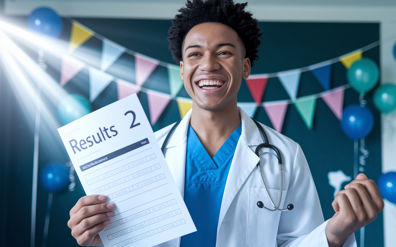 A triumphant medical student holding their Step 2 exam results, displaying a bright smile of satisfaction and confidence. The background features a celebratory atmosphere with balloons and banners, showcasing achievement and relief. Light streams in, symbolizing hope and a successful future in medicine, encapsulating the culmination of hard work and determination.