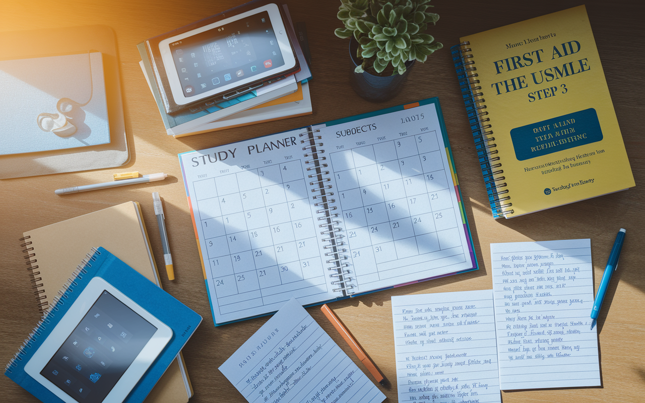 An overhead view of a study planner laid out on a wooden desk, featuring a detailed calendar, color-coded subjects, a stack of textbooks including 'First Aid for the USMLE Step 3', a tablet showing medical apps, and notes filled with practice questions. Soft morning light casts a warm glow, creating a cozy and organized study atmosphere ready for focused learning.