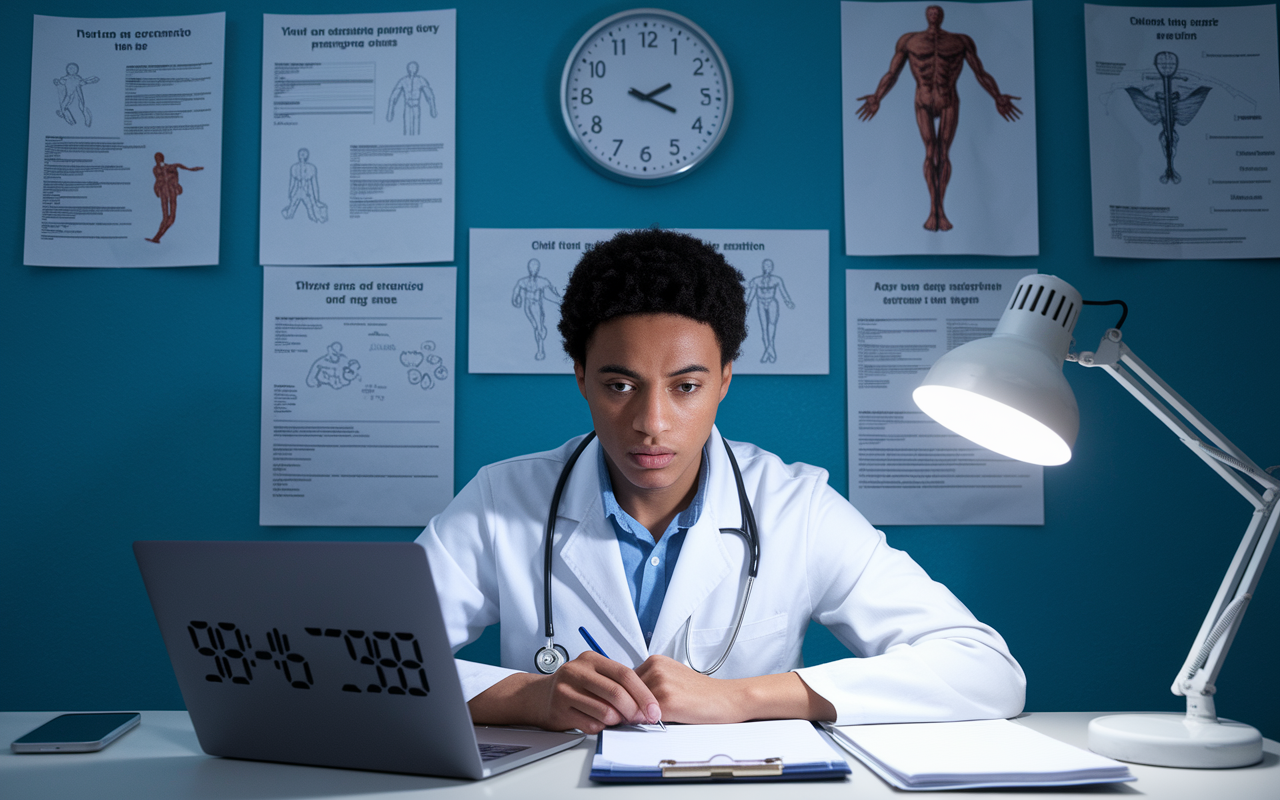 A determined medical student seated at a desk, immersed in a timed practice exam for USMLE Step 3 on a laptop, with a wall clock showing time is running out. The student's expression shows focus and urgency, with a backdrop of medical charts and notes on the wall illustrating complex medical scenarios. Bright desk lamp highlights the determination in their eyes while creating a sense of pressure and focus.