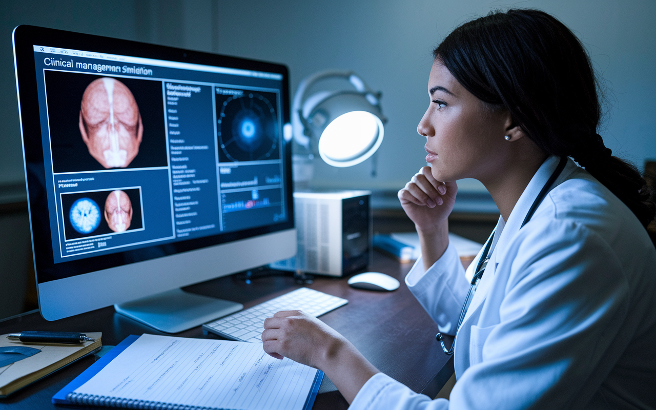 A medical student at a computer station in a study room, engaging with a Clinical Management Simulation Case on screen. The setup includes detailed patient charts, medical imaging, and a notepad filled with strategic management plans. The lighting emphasizes the seriousness of the simulation, showcasing the student deep in thought, highlighting the realism of real-life clinical decisions.