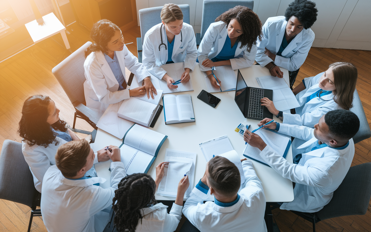 A vibrant study group of medical students seated around a large table filled with textbooks, laptops, and papers discussing clinical case scenarios intensely. The room is filled with collaborative energy, with students writing on a whiteboard, highlighting concepts, and sharing insights. The warm lighting fosters a lively, engaging atmosphere of teamwork and collective learning.